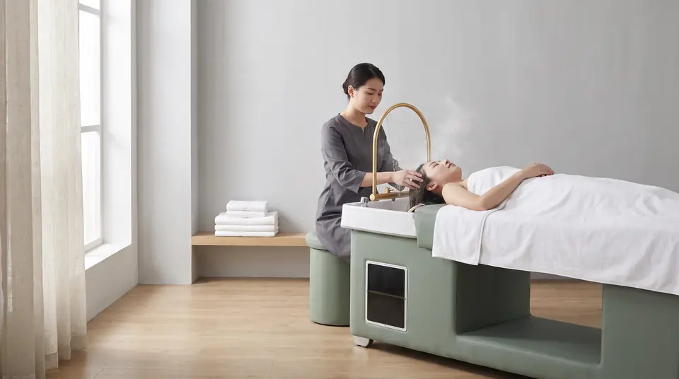 Soin head spa sur L’Essentielle : la praticienne assise à la tête rince les cheveux de la cliente sous la douchette en arceau