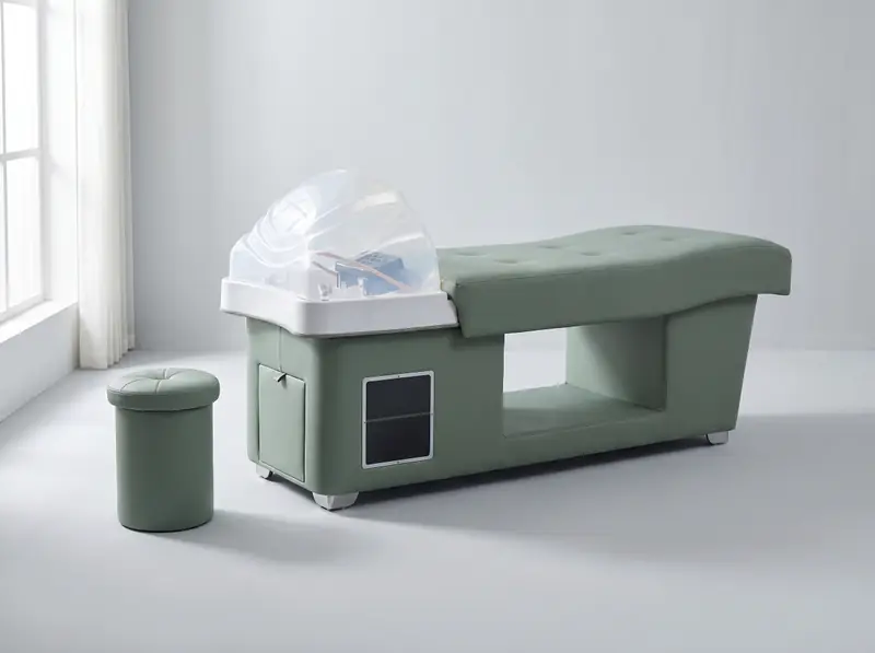 L’Essentielle, coloris vert sauge, avec son tabouret